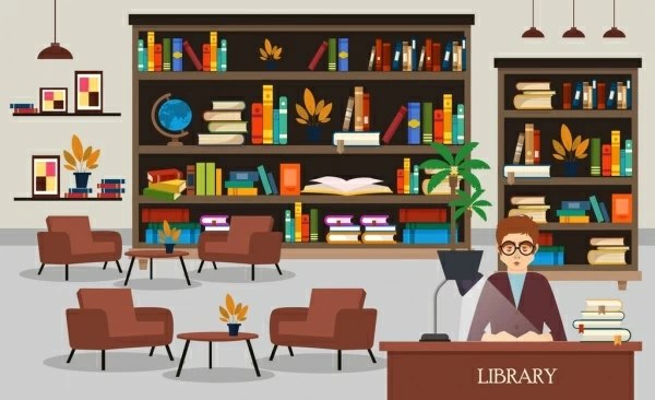 library drawing bookshelves librarian chairs icons 6833563